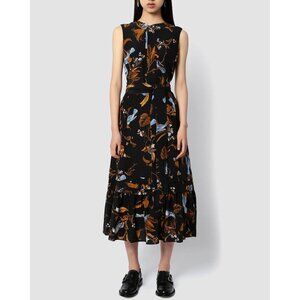ERDEM  Black Cecilia Birds Pintuck Midi Dress Size US 2